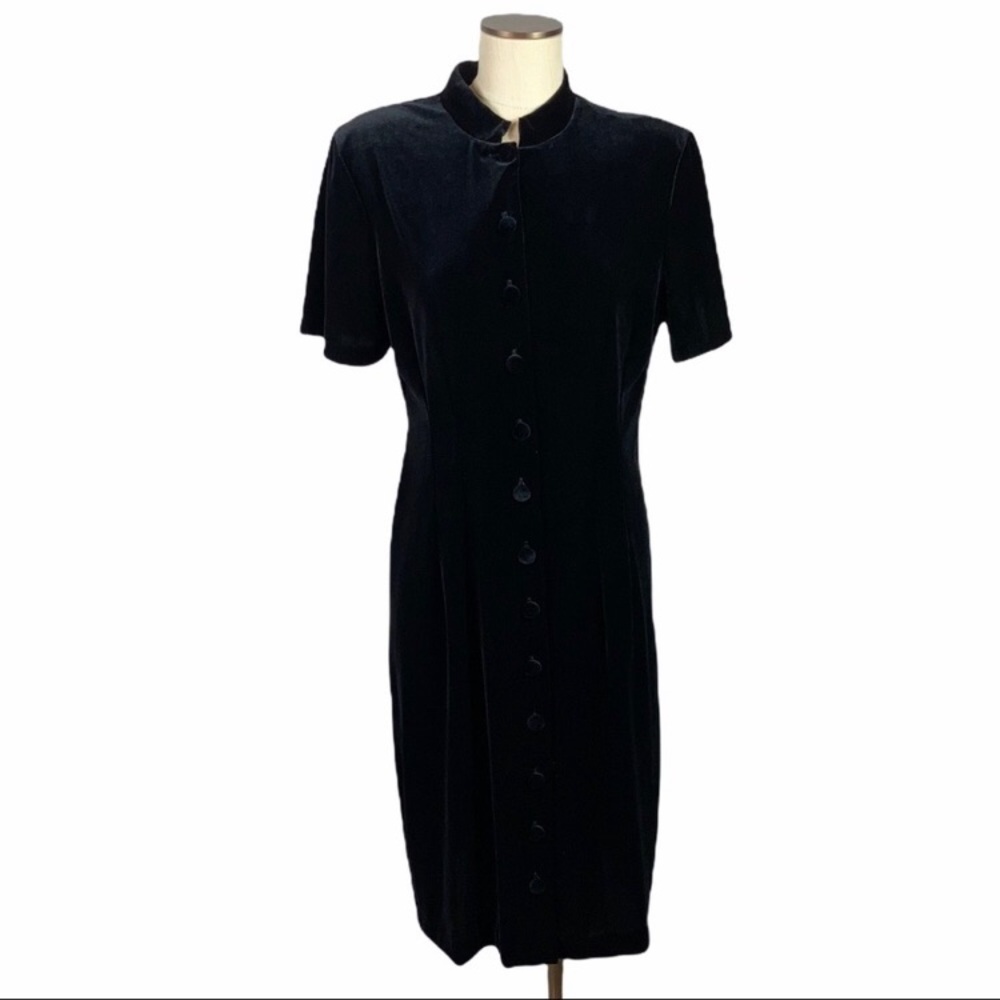 Vintage Another Thyme Black Button Front Velvet Mandarin Collar Dress